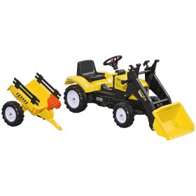 Aosom Ride-On Kids Bulldozer/Excavator Toy with Real Working Dirt Bucket, Easy Pedal Controls, 6 Wheels, & Cargo Trailer