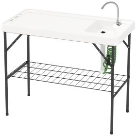 Folding Fish Cleaning Table With Sink, Portable Camping Table With Faucet, Drainage Hose, Sprayer And Shelf, White (Color: White)