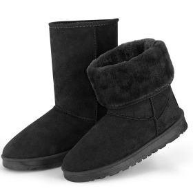 Women Ladies Snow Boots Waterproof Faux Suede Mid-Calf Boots Fur Warm Lining Shoes (Color: Black, size: 8)