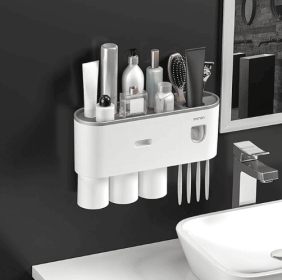 Toothbrush Holders Wall Mounted, Toothbrush Holder with Automatic Toothpaste Dispensers, 6 Brush Slots (Model: 3-Person Toothbrush Cup Set)