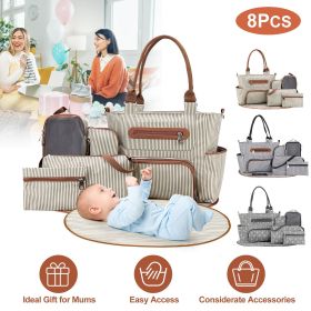 8PCS Baby Diaper Bag Set - Spacious 12-Pocket Design with Bottle Bag, Diaper Pad & Burp Cloths - 2 Carrying Ways (Color: Khaki)
